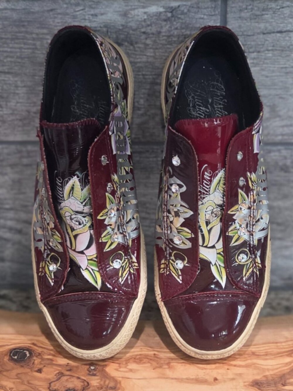 Christian Audigier Womens Sneakers Size 9 US Tattoo Maroon Patent Leather Y2K